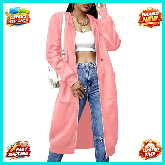 Knee Length Zip Up Fleece Hoodie Tunic Sweatshirt Long Sleeve S-XXXL